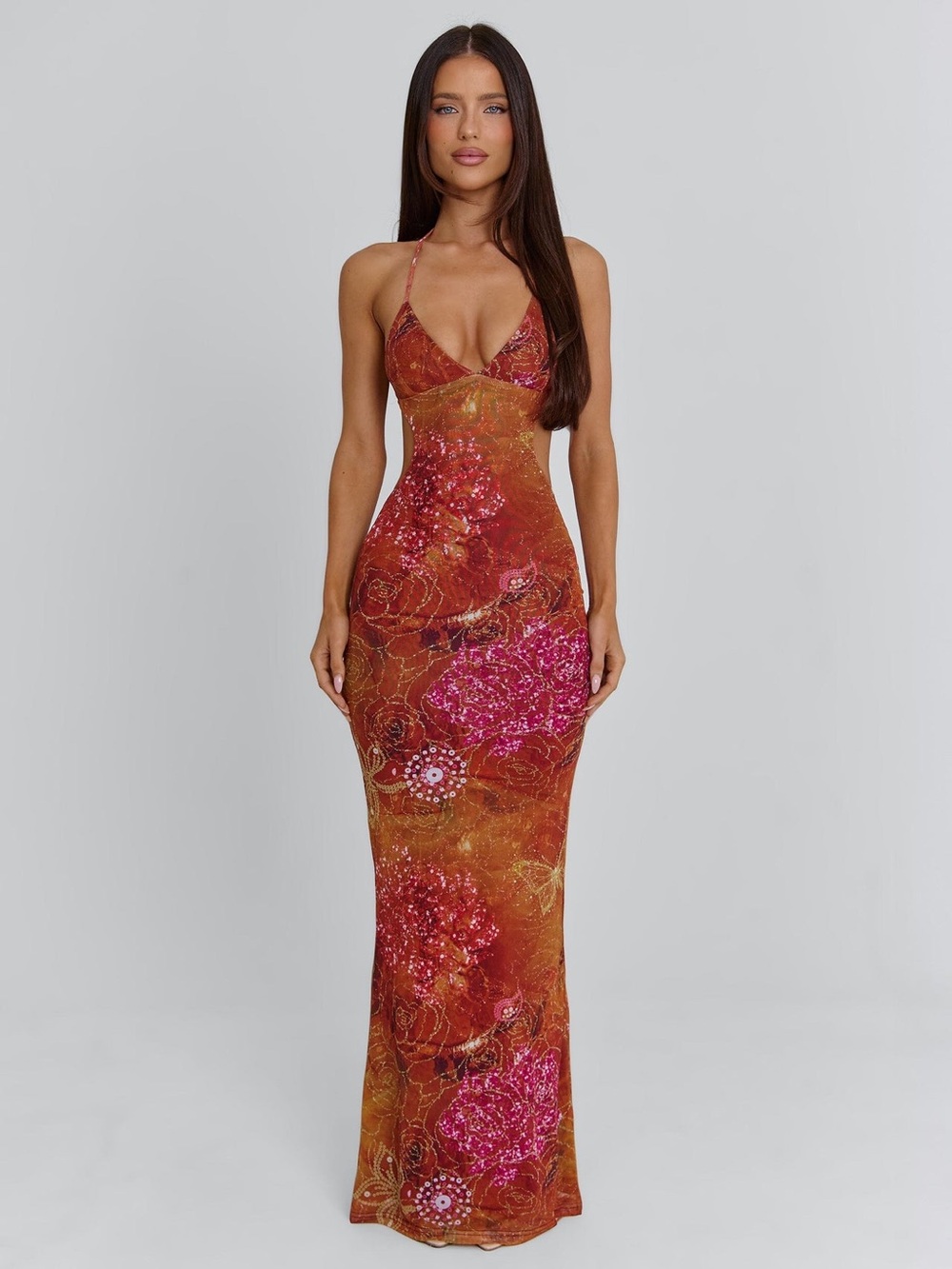 Strappy Maxi Dress in Rust & Pink Floral